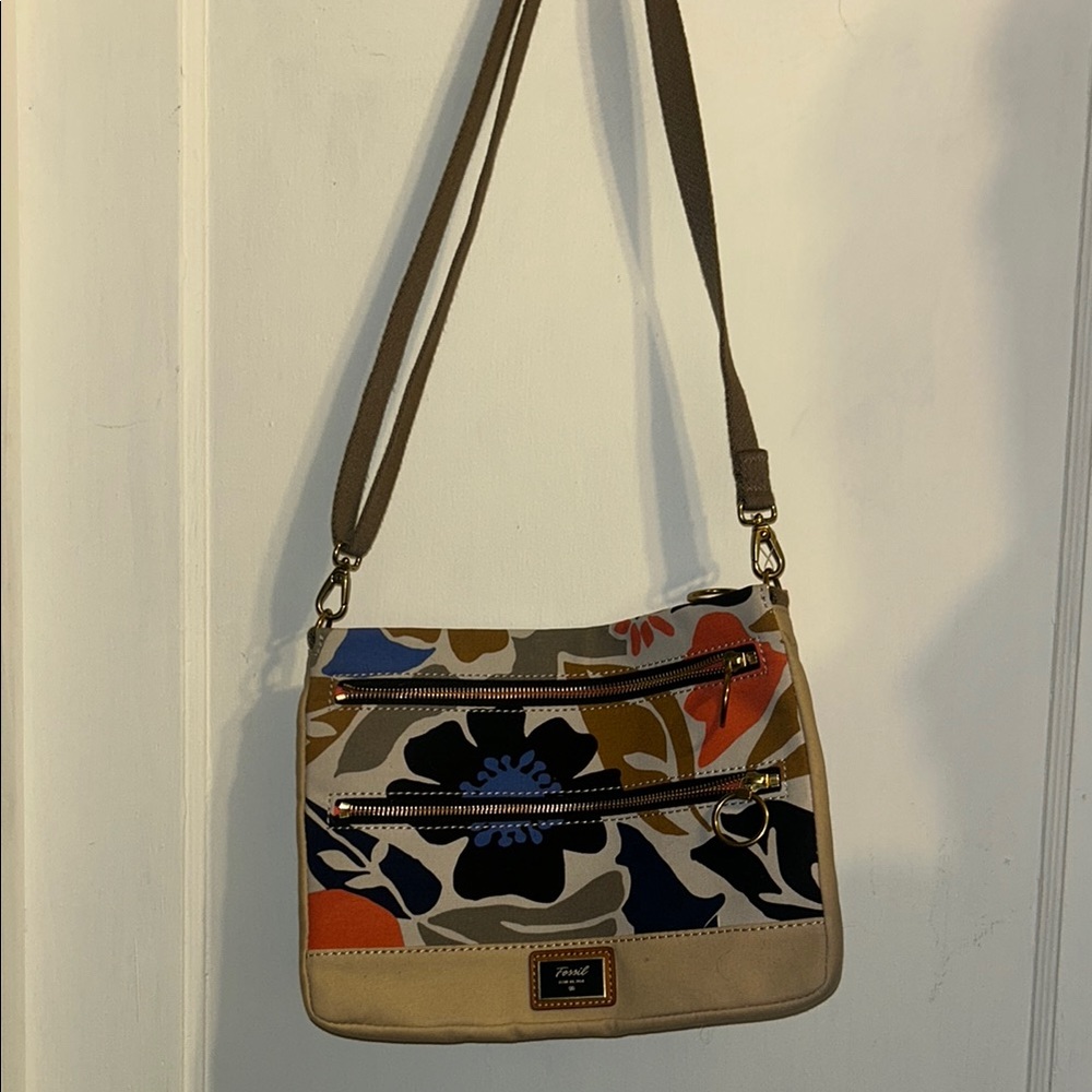 Fossil Brown and Blue Crossbody Bag with Geometric Pattern